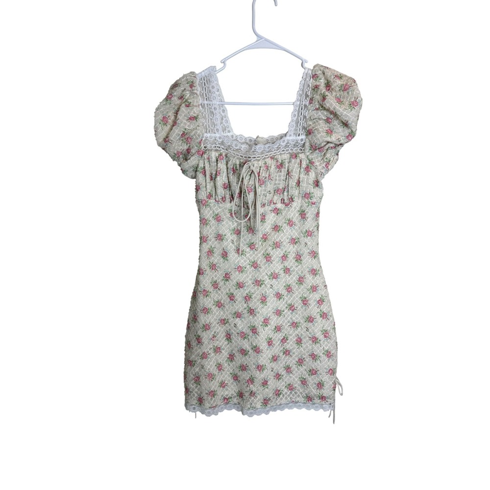For Love & Lemons Dress Womens XS White Pink Floral Puff Sleeve Lace Cottagecore